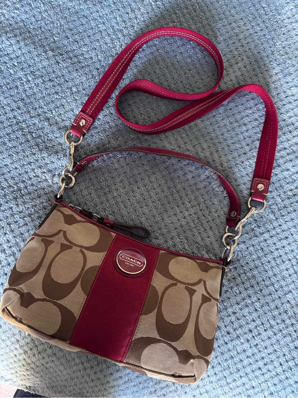Y2K Coach Brown Signature Canvas Shoulder Bag with Burgundy Center Panel